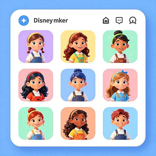 Digital illustration of nine colorful Disney character portraits in rounded squares, featuring diverse children with big eyes, wearing overalls and various hairstyles, against pastel backgrounds