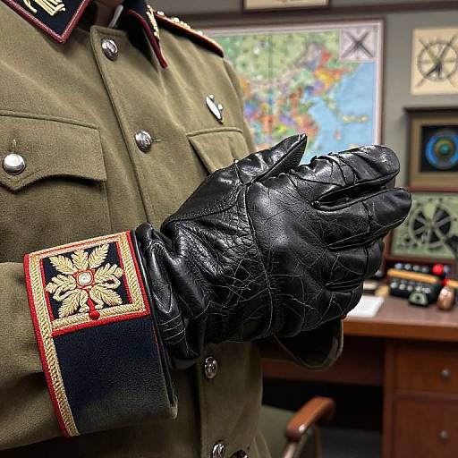 Photograph of a military officer's gloved hand in black leather, adorned with a red and gold emblem, wearing olive-green uniform, in a clutter