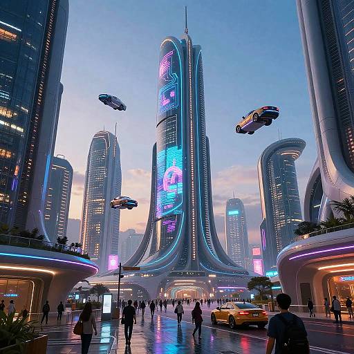 Futuristic cityscape at dusk with towering neon-lit skyscrapers, flying cars, and bustling pedestrians. Vibrant blue and pink lights illuminate