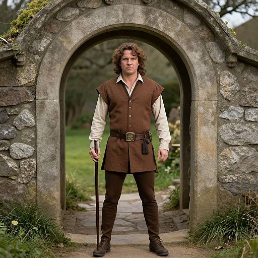Photograph of a curly-haired man in medieval brown vest, white shirt, black pants, holding a staff, standing in stone archway.