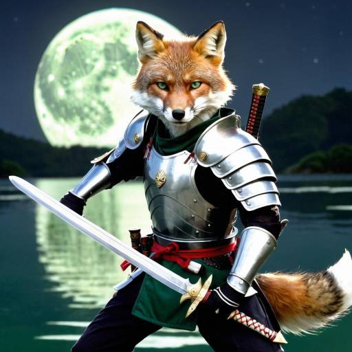 Fox Warrior in Dark Armor at Moonlit Water