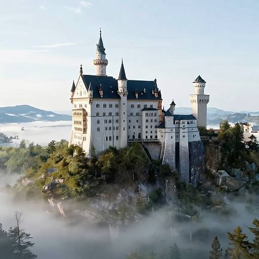 Photograph of Neuschwanstein Castle, a fairytale-like, white, turreted fortress perched on a misty, forested