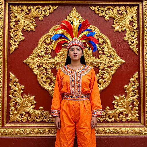Vibrant Cultural Costume with Ornate Backdrop