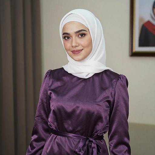 Young Woman in White Hijab and Satin Dress