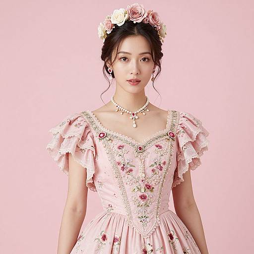 Photograph of an Asian woman with fair skin, wearing a pink floral-embellished ball gown, flower crown, and necklace, against a solid