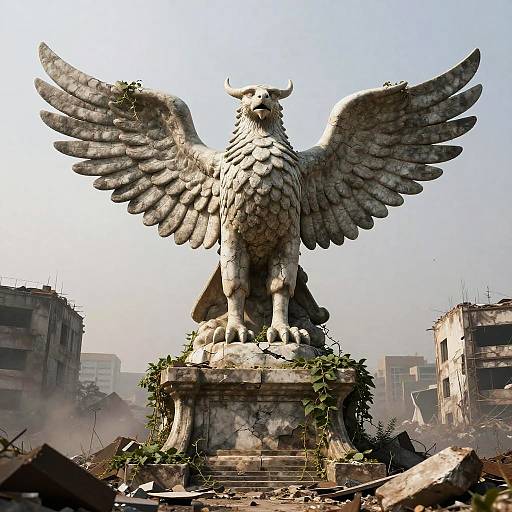 Photograph of a weathered, stone eagle statue with spread wings, atop a crumbling pedestal, surrounded by ruined, overgrown buildings.