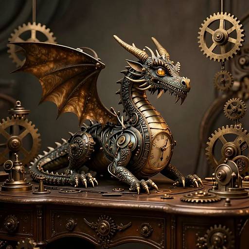 Photorealistic digital artwork of a steampunk dragon with brass and copper scales, wings, and gears, resting on a wooden table with hanging gears