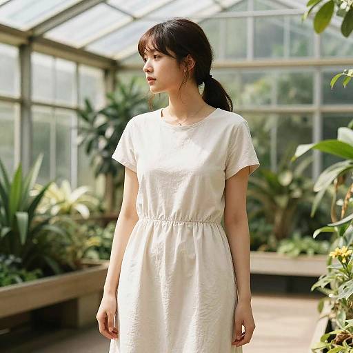 Photograph of an East Asian woman with straight black hair in a ponytail, wearing a white short-sleeved dress, standing in a sunlit