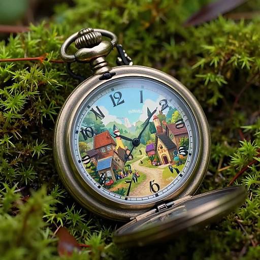 Photograph of a silver pocket watch with a colorful village scene on its face, surrounded by lush green moss.