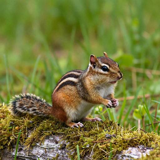 Chipmunk on Mossy Log in Green Field