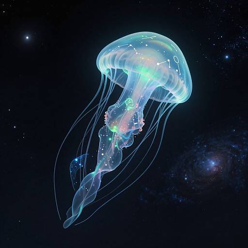 Glowing, translucent jellyfish with long, flowing tentacles illuminated in vibrant blues and greens against a dark, star-studded ocean background. Digital