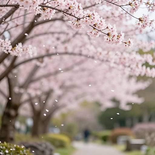 Photograph of blooming cherry blossom trees with soft pink flowers, blurred background, sunlight filtering through petals, gentle bokeh effect.
