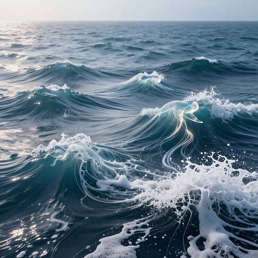 Photograph of a dynamic ocean scene with dark blue waves, white frothy crests, and sunlight reflecting off the water's surface.