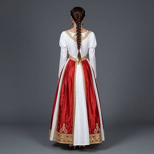 Photograph of a woman from behind, wearing a white long-sleeve dress with a red velvet skirt, gold trim, and intricate embroidery, and