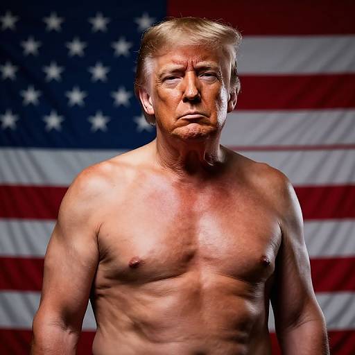 Photograph of shirtless, middle-aged Donald Trump with light skin and blond hair, standing against a large American flag background.