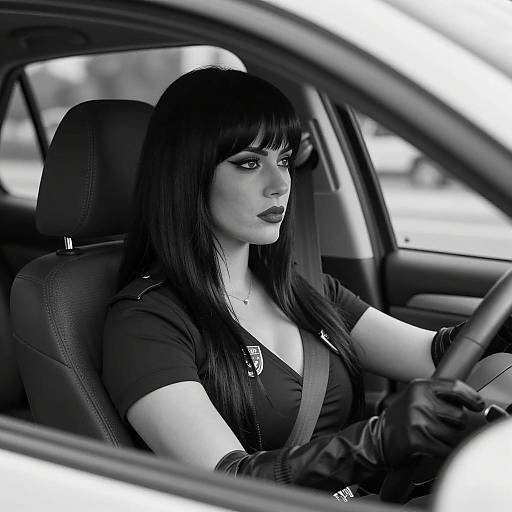 Dramatic Black-and-White Woman Driving