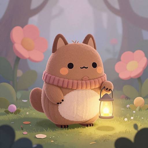 Cute, chubby, brown, cartoon fox with pink scarf, holding lantern, standing in enchanted forest with glowing flowers and soft morning light. Digital art