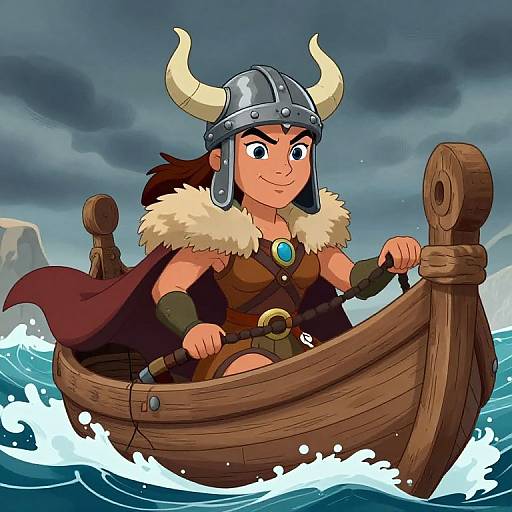 Cartoon-style drawing of a young, smiling Viking warrior with horned helmet and fur-collared cape, rowing a wooden boat through choppy