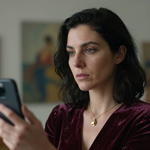 Photograph of a focused, dark-haired woman with fair skin, wearing a maroon velvet top and gold necklace, intently looking at a smartphone.