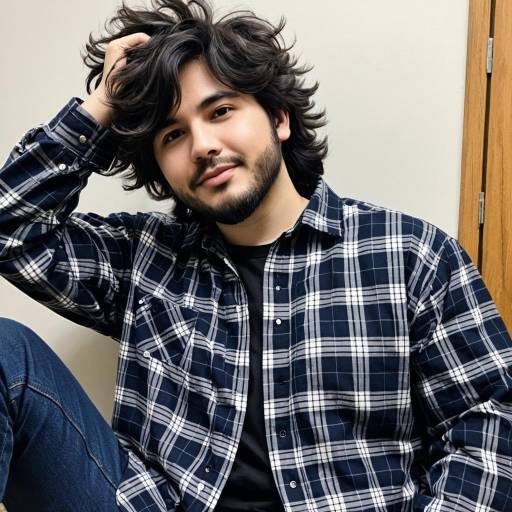 Young Man in Dark Plaid Shirt with Messy Hair