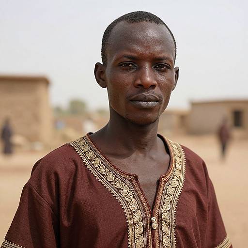 Photograph of a serious, dark-skinned African woman with short hair, wearing a maroon traditional dress with gold embroidery, standing in a blurred,