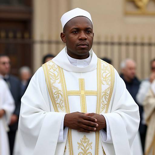 Man in White Robe with Gold Cross
