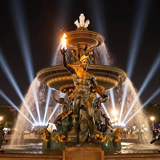 Photograph of a nighttime fountain show with illuminated, multi-tiered bronze statue of muscular figures holding torches, surrounded by bright blue water jets.
