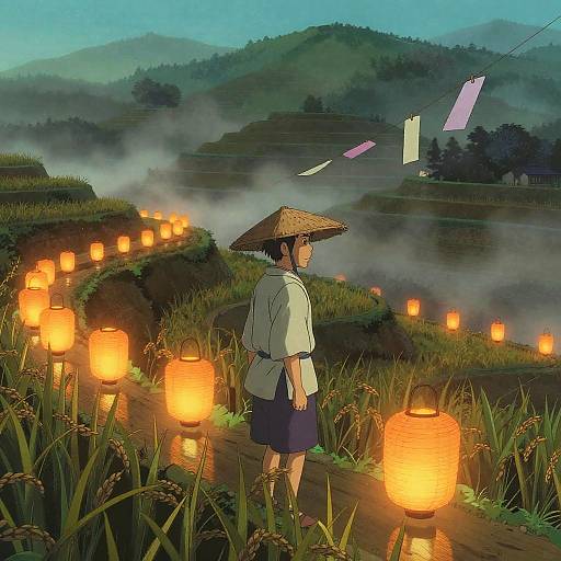 Farmer at Misty Rice Terraces with Lanterns