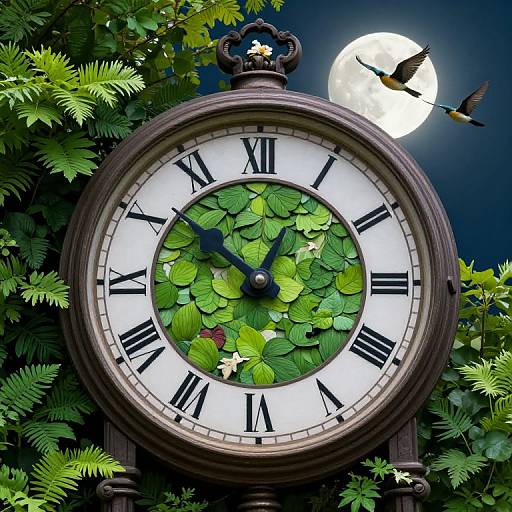 Photograph of a vintage clock with green leaf-patterned face, black Roman numerals, moonlit night sky, and a bird flying past.