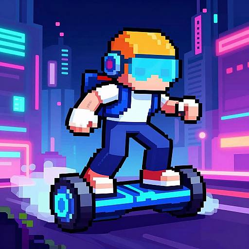 Pixel art of a blonde boy with blue visor, wearing white shirt and blue pants, riding a blue hoverboard in a neon-lit futuristic city
