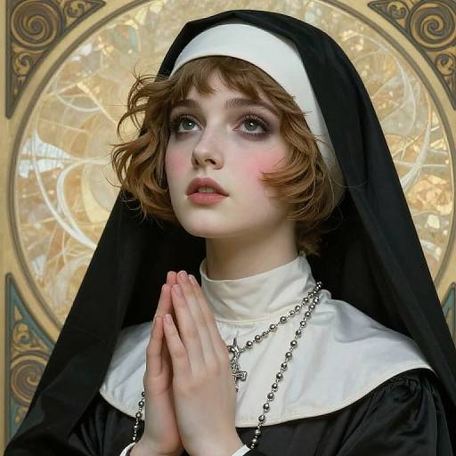 Digital artwork of a young, fair-skinned nun with short, wavy brown hair, wearing a black habit and white coif, hands in prayer