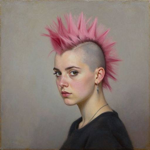 Digital portrait of a pale-skinned, androgynous person with a shaved head and bright pink spiked hair, wearing a black shirt and silver earrings
