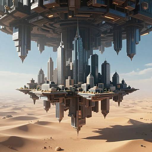 Digital art of a futuristic, floating cityscape with towering skyscrapers above a vast desert, featuring a mix of modern and sci-fi architectural styles.