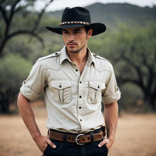 Man in Safari Outfit with Cowboy Hat Outdoors