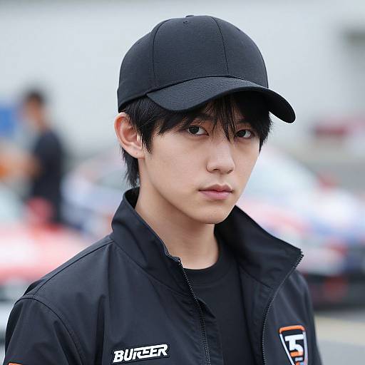 Photograph of an Asian male with fair skin, black cap, black jacket, and black shirt, standing outdoors with a blurred background.