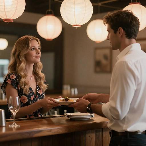 Man Serving Food to Woman at Cozy Bar