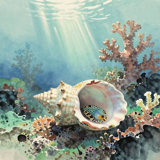 Underwater illustration of a large, colorful conch shell with a clownfish inside, surrounded by vibrant coral and sunlight filtering down.