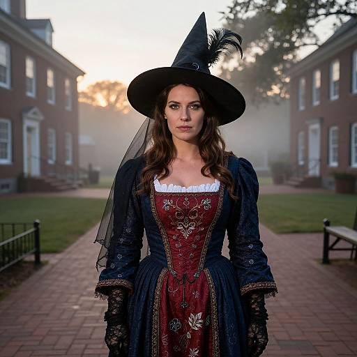 Photograph of a young woman in an elaborate black witch costume with a wide-brimmed hat, lace gloves, and corseted dress, standing