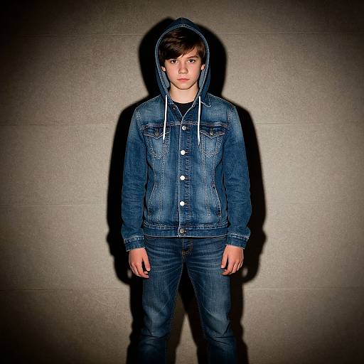 Photograph of a young boy with fair skin and dark hair, wearing a blue denim hooded jacket and jeans, standing against a dark gray wall.