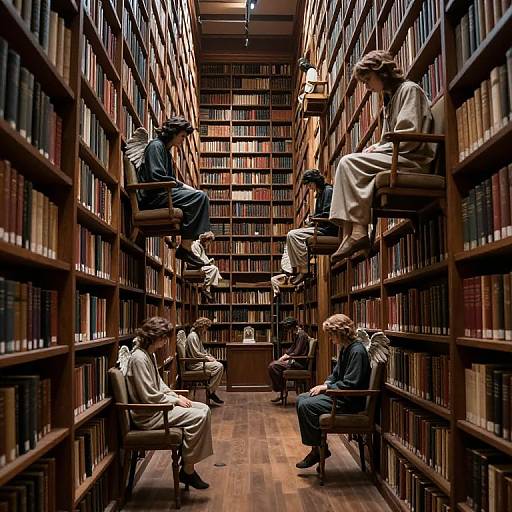 Photograph of a narrow library aisle with wooden bookshelves on both sides, featuring seven angelic figures with wings, dressed in robes, sitting on