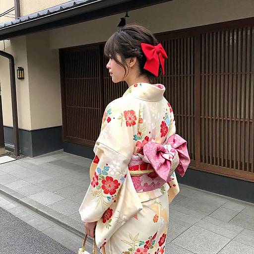 Woman in Floral Kimono on Sidewalk