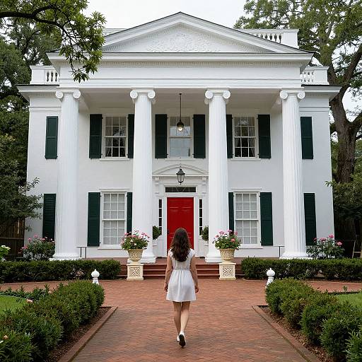 Photograph of a young woman in a white dress walking toward a grand, white colonial-style house with red door and black shutters. Lush green
