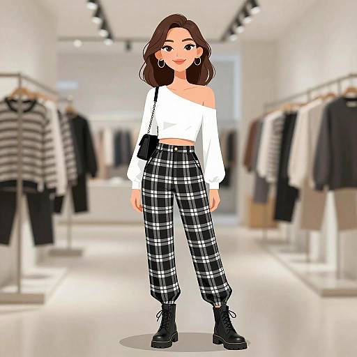 Digital cartoon of a smiling woman with brown hair, wearing a white off-shoulder top, black and white plaid pants, and black boots,