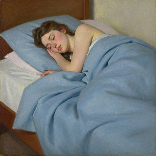 Photograph of a fair-skinned, brunette woman with closed eyes, sleeping on a bed with blue sheets and pillow, in a wooden-framed bedroom