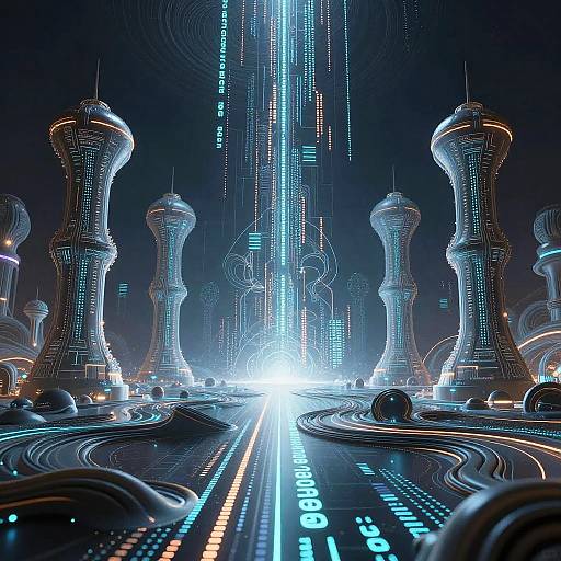 CGI image of a futuristic cityscape with towering, sleek, metallic skyscrapers illuminated by blue and white neon lights, surrounded by glowing, circuit