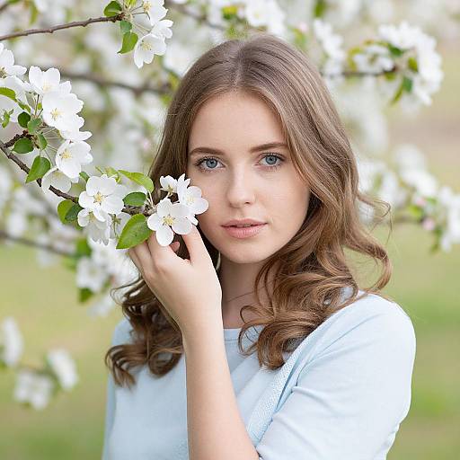 Photograph of a young woman with wavy brown hair, blue eyes, and fair skin, gently holding white cherry blossoms, wearing a white shirt
