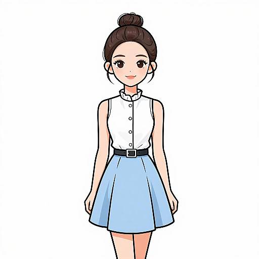 Digital anime-style drawing of a young woman with fair skin, dark brown hair in a bun, wearing a white sleeveless blouse and light blue skirt with