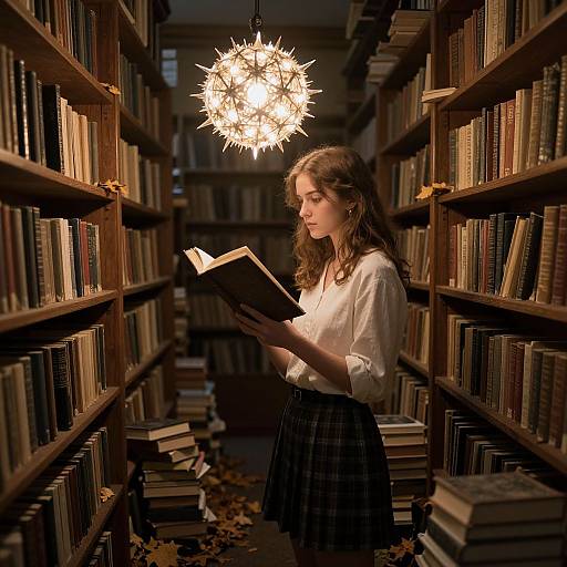Photograph of a young woman with wavy brown hair, wearing a white blouse and black plaid skirt, reading a book in a dimly lit