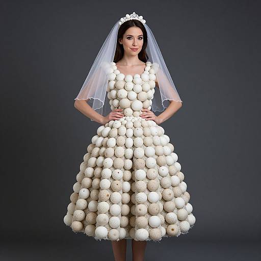 Photograph of a fair-skinned woman with black hair, wearing a white, egg-filled, knee-length dress, translucent veil, and silver tiara