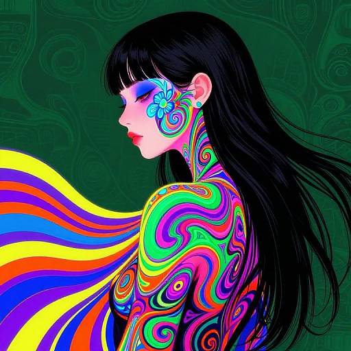 Digital art of a pale-skinned woman with black hair, vibrant, swirling rainbow tattoos, and blue face paint, profile view.